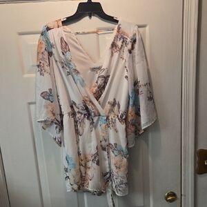 Bailey Blue Cream and Blue Flutter Sleeve Wrap Romper